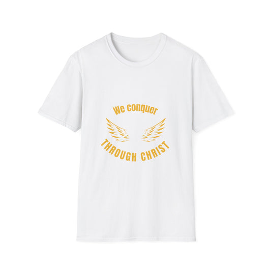 We conquer by christ - Bible verse style Tee Shirt Christian Fashion Apparel