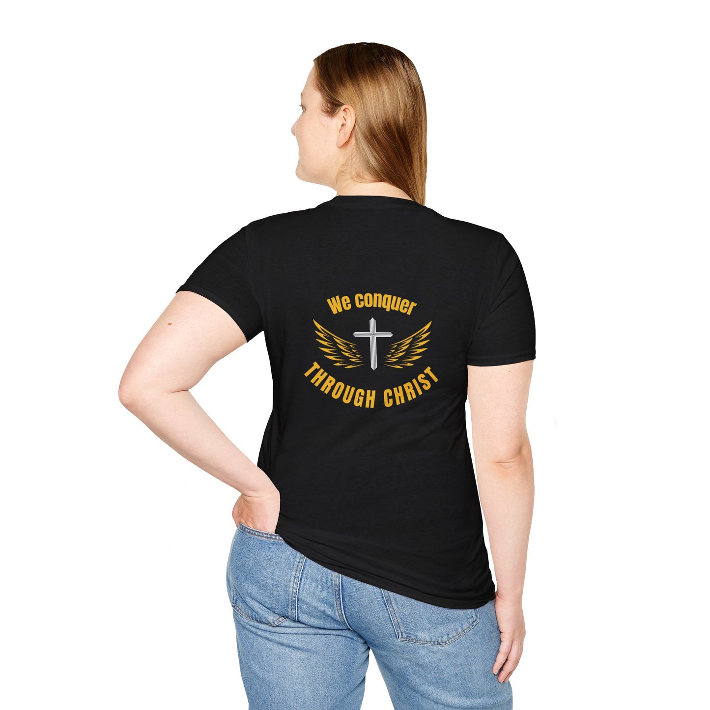 Christian Inspirational Unisex Softstyle T-Shirt - 'We Conquer Through Christ'